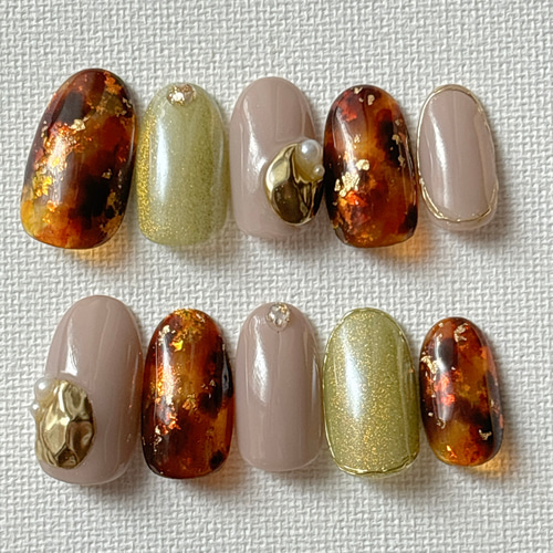 ネイルチップ｜べっ甲｜べっこうネイル｜秋ネイル｜ブラウン  