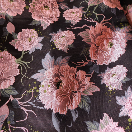 上品 ジャガード織り生地 ゴブラン織り 立体感 黒花柄 ☆生地幅約140cm