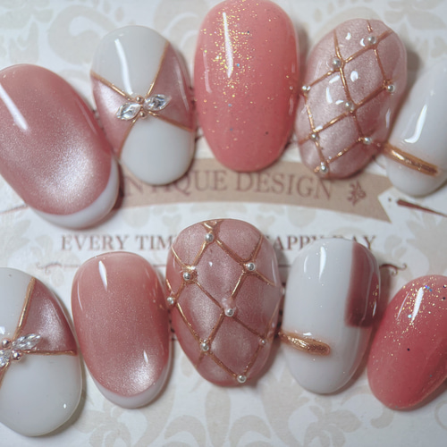 フレンチガーリー　ネイルチップ　オーダー　ピンク　リボン　キラキラ　マグネット ピンクマグネットネイル、リボン、フレンチ、ホワイトグレー 、ネイル