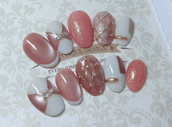 ピンクマグネットネイル、リボン、フレンチ、ホワイトグレー