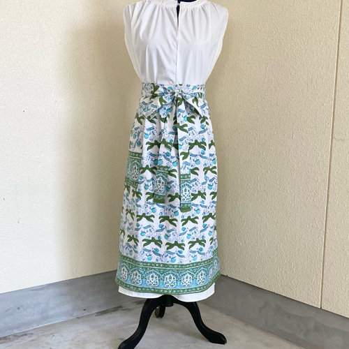 674 カフェ エプロン 腰巻き ブロックプリント 木版染め インド更紗