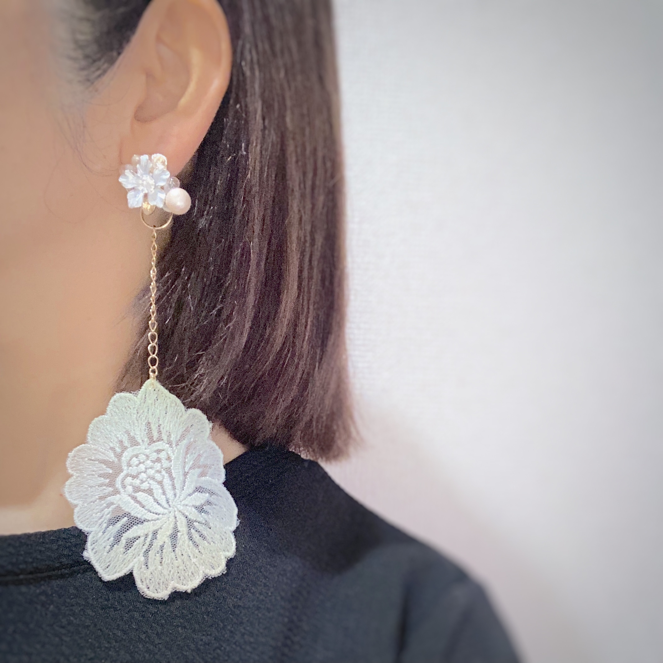 【2wayイヤリング】手染めレース　お花　パール　結婚式　成人式　和装　ウエディング　ブライダル　結婚式545