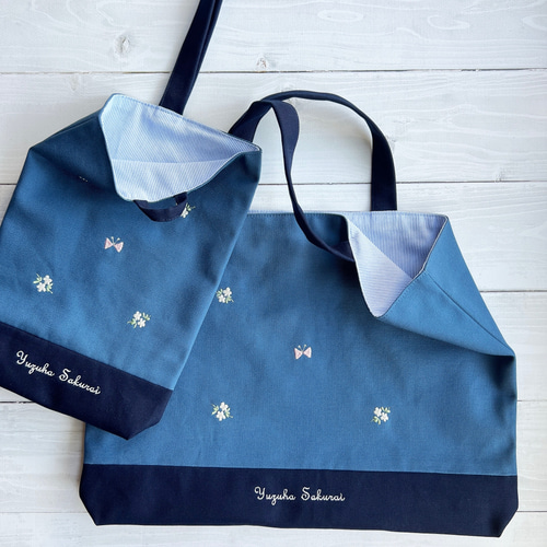 お名前刺繍できます！小花と蝶々の刺繍のレッスンバックとシューズ