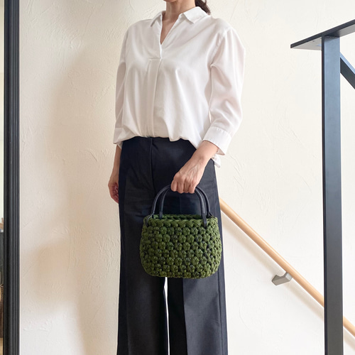かごバック クラフトバンド 花結び アンティークグリーン 、黒スモール クラフトバンドのかごバッグ【花結び】モスグリーン かごバッグ