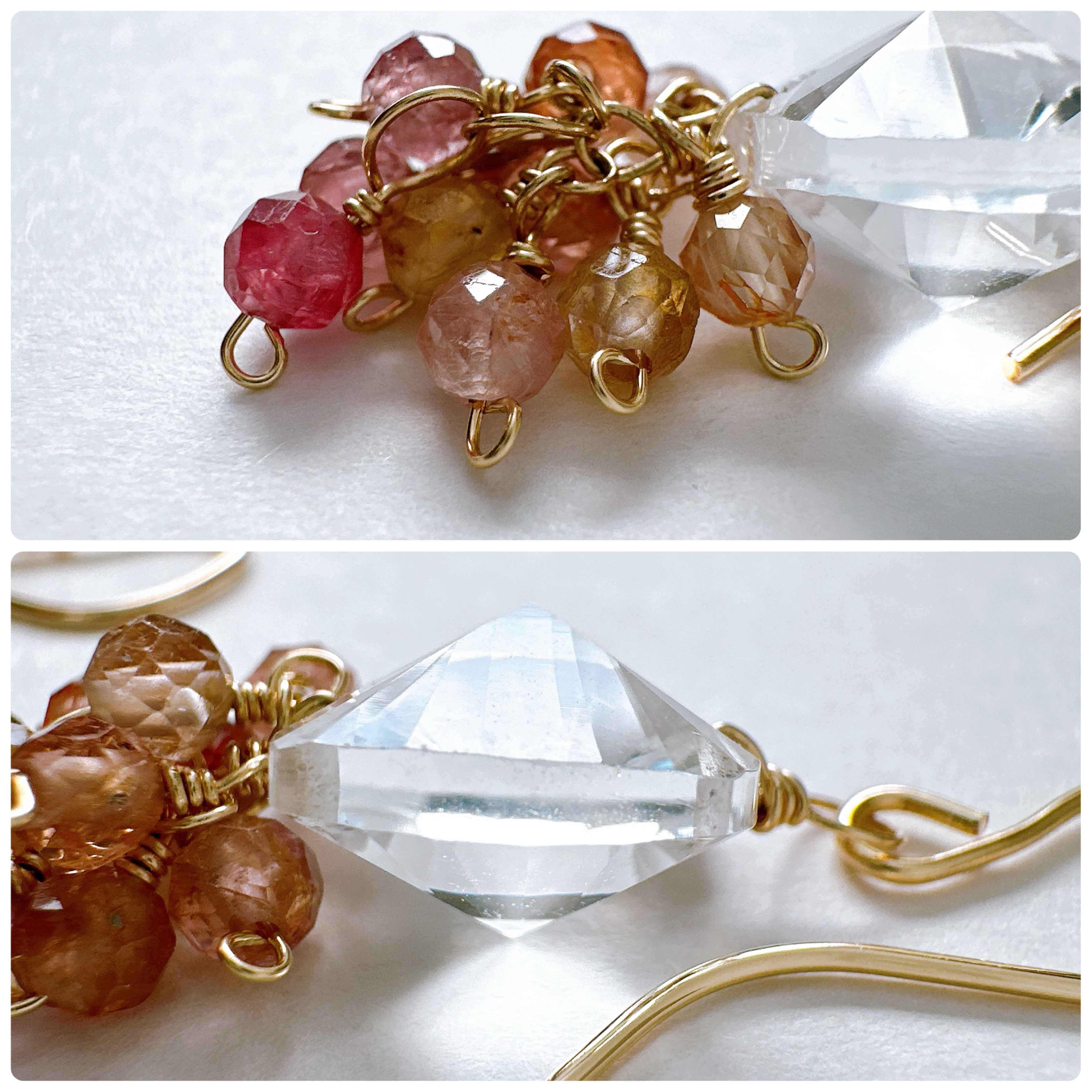 ダブルコンケ－ブカットのクリスタルとスピネルのピアス14KGF 8月誕生石　夏の誕生石