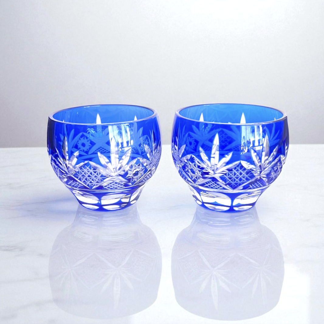 ＜２セット＞切子硝子猪口 青 ガラス ２客セット