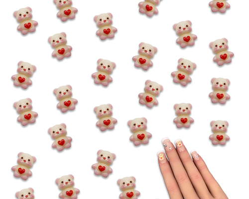 ネイルパーツ クマ 8mm アニマル ハート アイボリー 赤 50個