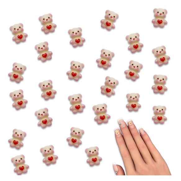ネイルパーツ クマ 8mm アニマル ハート アイボリー 赤 50個
