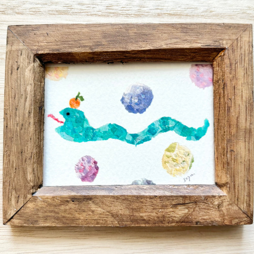 透明水彩画 ちぎり絵「へびさん」ミニ額 イラスト 2025年 巳年