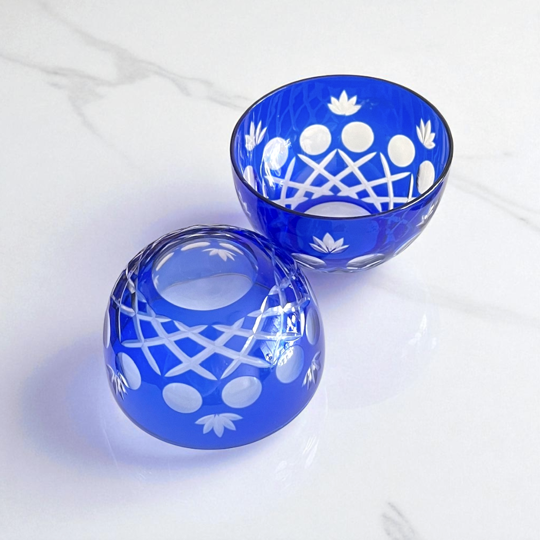 【江戸切子】ブルー 煎茶碗・冷茶碗 2客セット 昭和レトロ