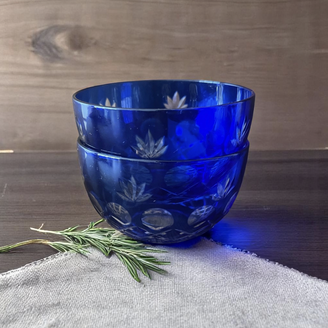 【江戸切子】ブルー 煎茶碗・冷茶碗 2客セット 昭和レトロ