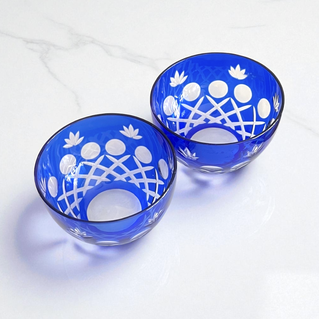 江戸切子】ブルー 煎茶碗・冷茶碗 2客セット 昭和レトロ お椀・ボウル