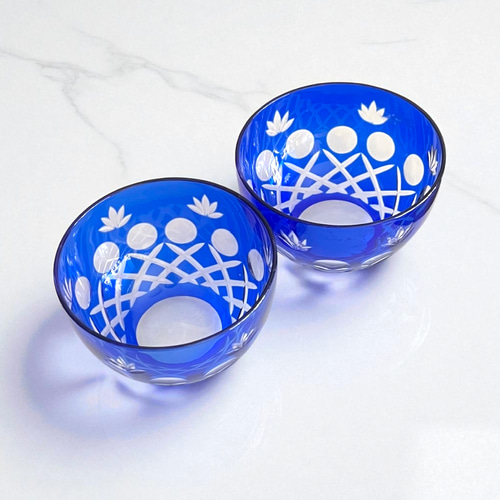 江戸切子】ブルー 煎茶碗・冷茶碗 2客セット 昭和レトロ お椀・ボウル