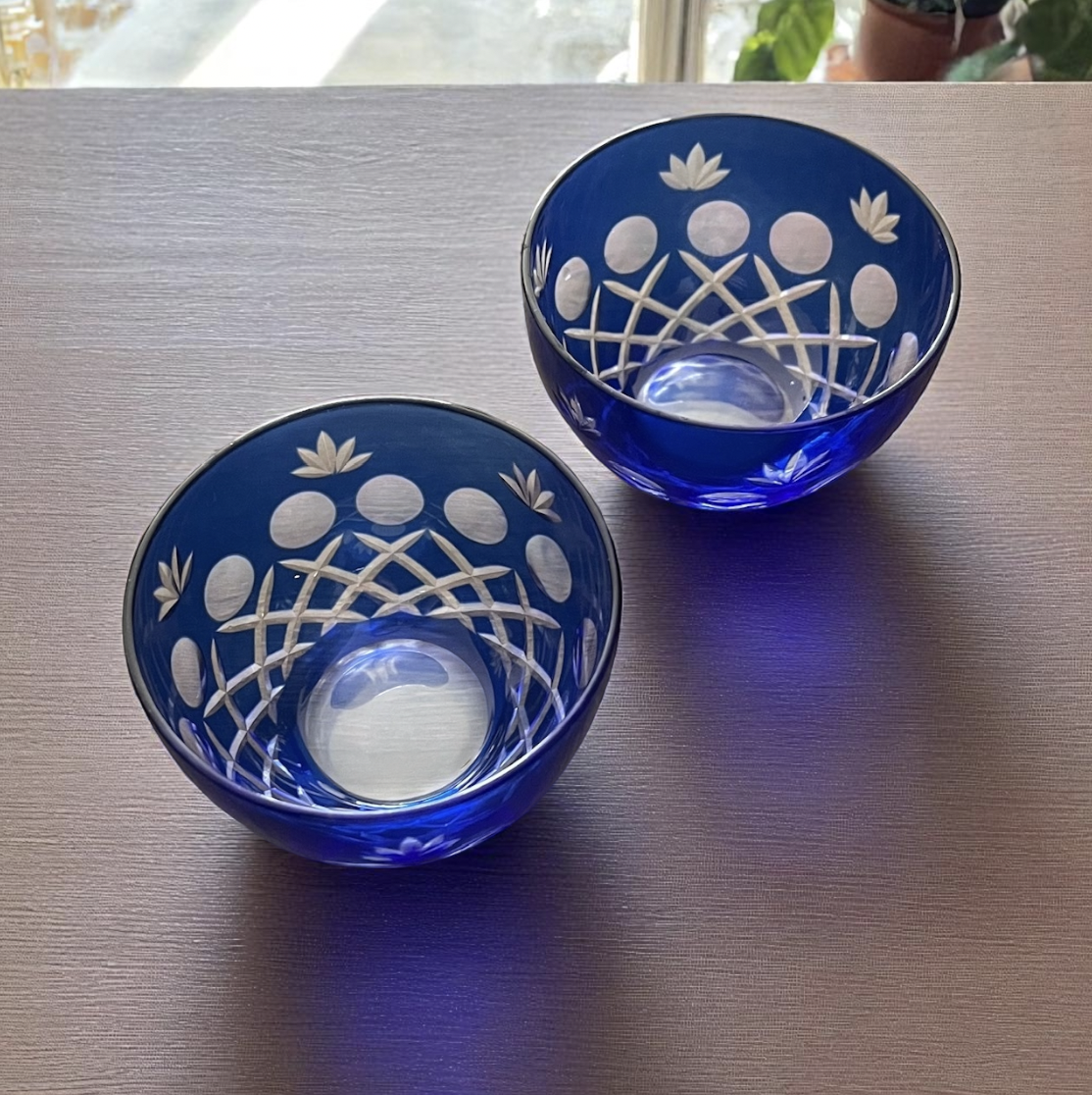 【江戸切子】ブルー 煎茶碗・冷茶碗 2客セット 昭和レトロ