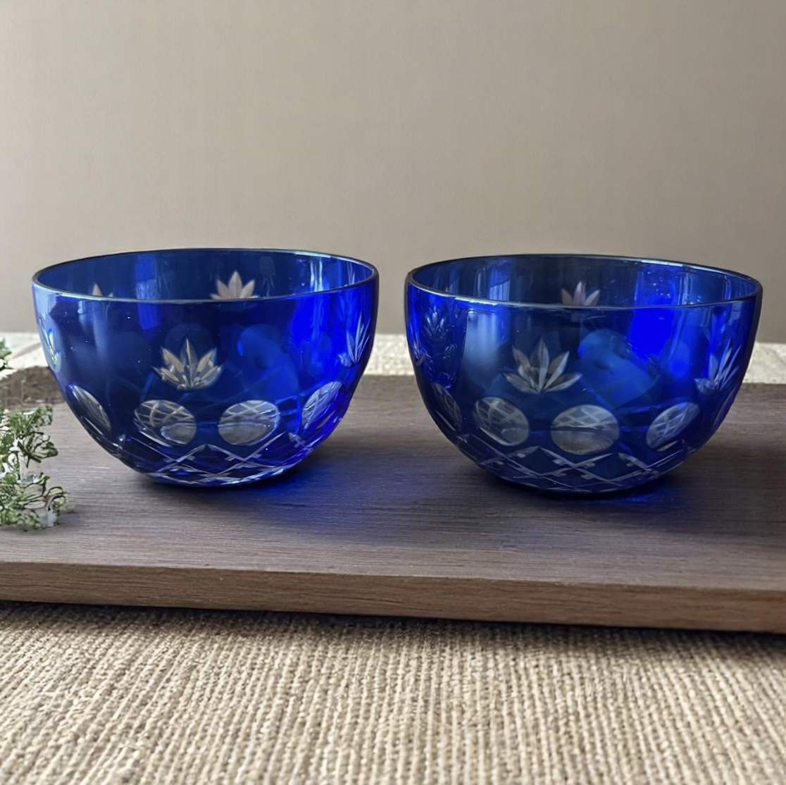 【江戸切子】ブルー 煎茶碗・冷茶碗 2客セット 昭和レトロ