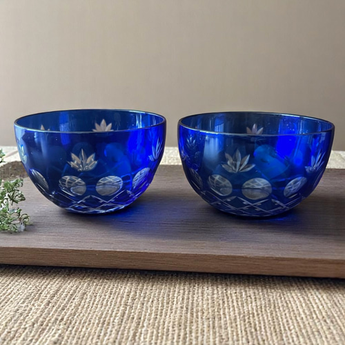江戸切子】ブルー 煎茶碗・冷茶碗 2客セット 昭和レトロ お椀・ボウル