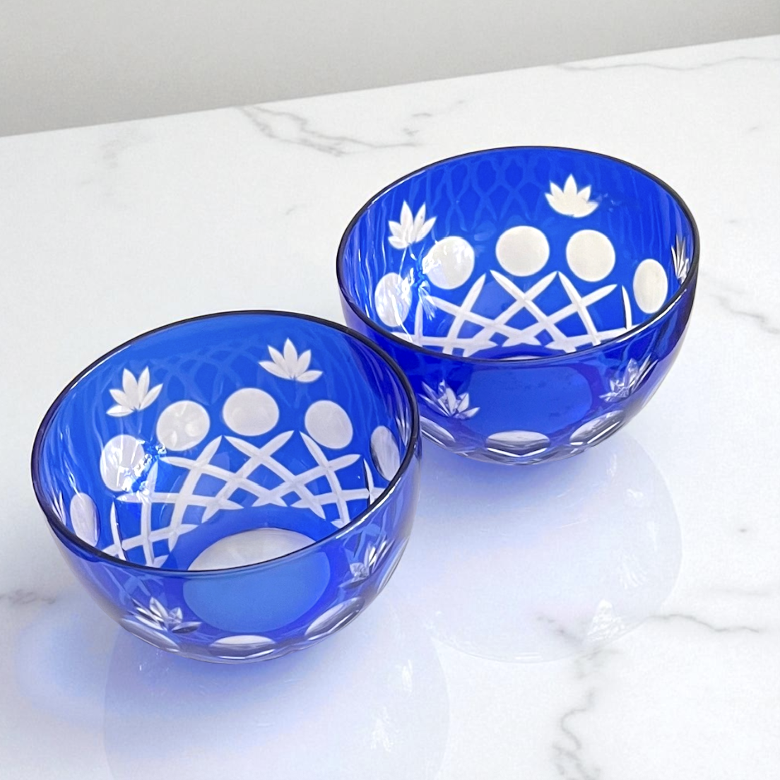 【江戸切子】ブルー 煎茶碗・冷茶碗 2客セット 昭和レトロ