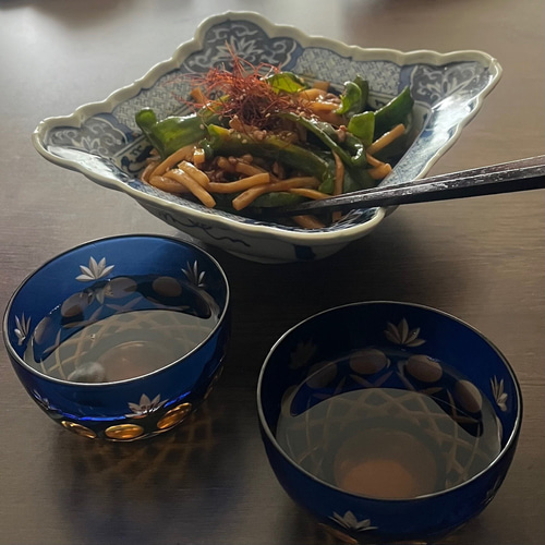 江戸切子】ブルー 煎茶碗・冷茶碗 2客セット 昭和レトロ お椀・ボウル