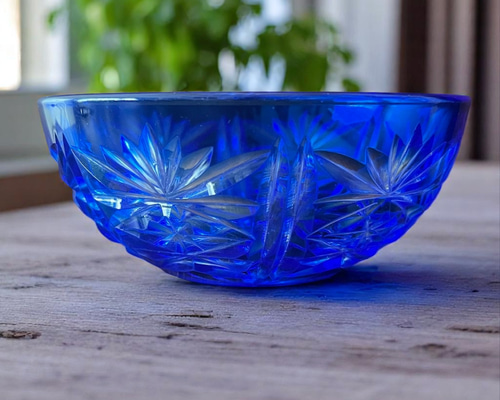 切子　ボウル　クリスタル　昭和　昭和レトロ アンティーク カットガラス 切子鉢 ボウル 青 ブルー 濃紺 肉厚 大正