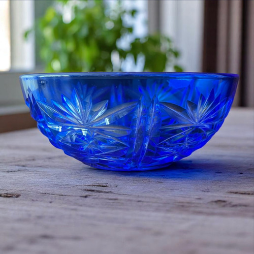 骨董 時代ガラス 青色被せ 精密カット 星切子 中鉢 小皿 1客 星