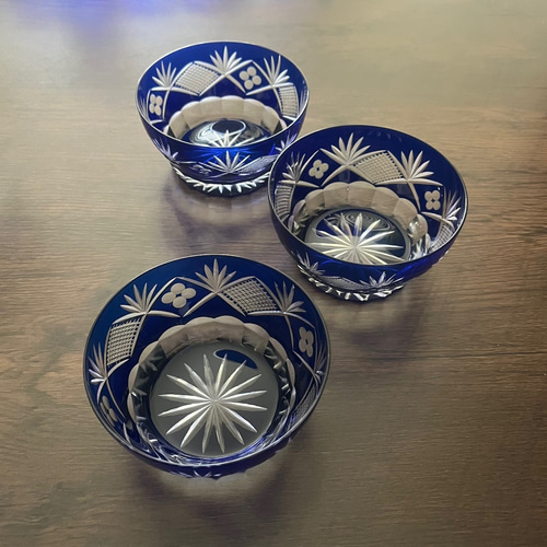 高品質＜3客セット＞切子 硝子 濃紺 青 小鉢 向付 3客 昭和レトロ