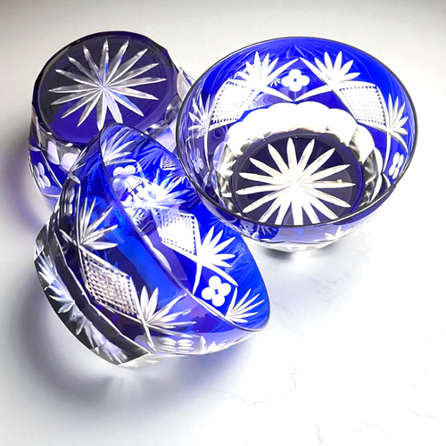 高品質＜3客セット＞切子 硝子 濃紺 青 小鉢 向付 3客 昭和レトロ