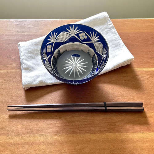 高品質＜3客セット＞切子 硝子 濃紺 青 小鉢 向付 3客 昭和レトロ