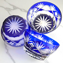 高品質＜3客セット＞切子 硝子 濃紺 青 小鉢 向付 3客 昭和レトロ
