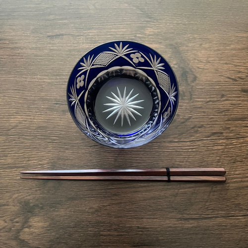 高品質＜3客セット＞切子 硝子 濃紺 青 小鉢 向付 3客 昭和レトロ