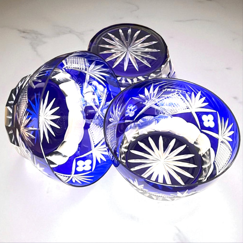 高品質＜3客セット＞切子 硝子 濃紺 青 小鉢 向付 3客 昭和レトロ