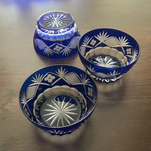 高品質＜3客セット＞切子 硝子 濃紺 青 小鉢 向付 3客 昭和レトロ