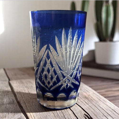 骨董　時代ガラス　青色被せ　切子　モダンカット　グラス　タンブラー １客ウラン 単品バラ売り＞ラスト1客 江戸切子 グラス 青 グラス antique