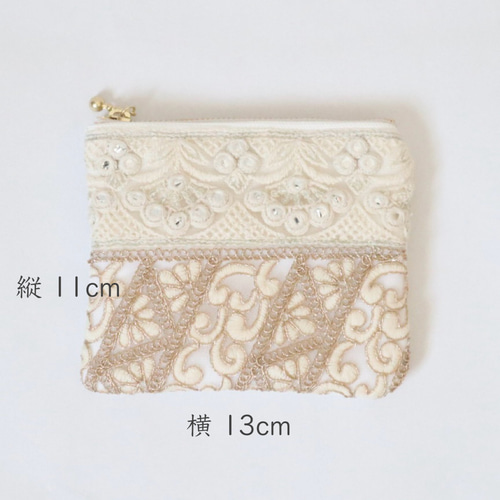 インド刺繍生地　ポーチ インド・インド刺繍生地 ポーチ・ フラワーベージュ系・ インド