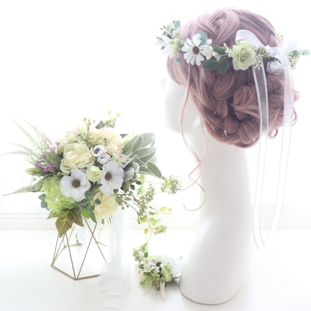 ウェディングブーケ　花冠　白グリーン　ラナンキュラス　　ローズ　ナチュラル　ブライダルブーケ ウエディングブーケ　結婚式 31,900円