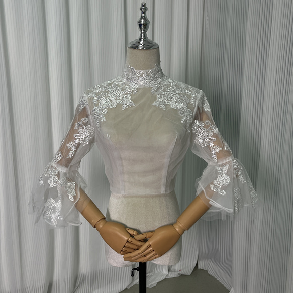 送料無料！ウエディングドレス ボレロ フレア袖 くるみボタン  