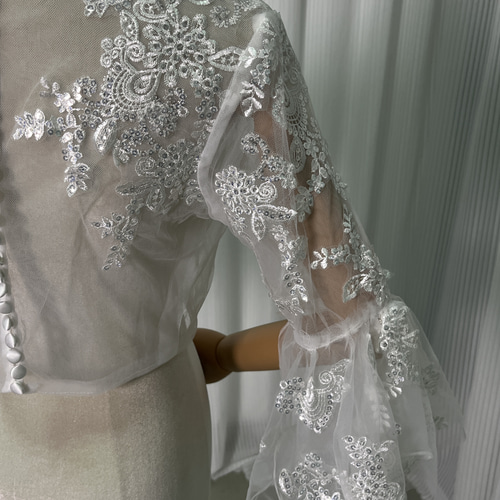 送料無料！ウエディングドレス ボレロ フレア袖 くるみボタン