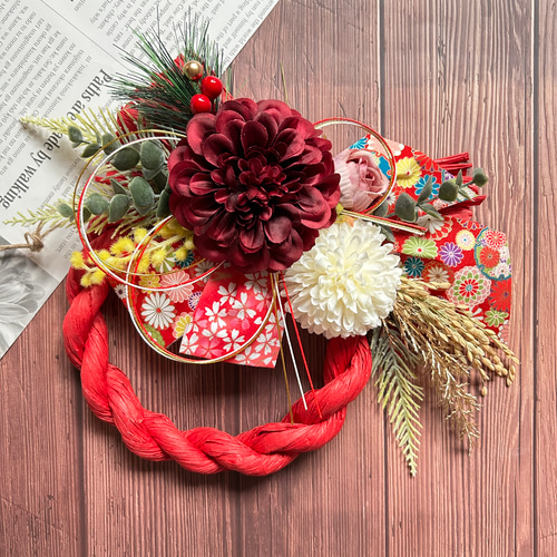 No.118 カラーしめ縄リース2025 ハンドメイドお正月飾り玄関リース