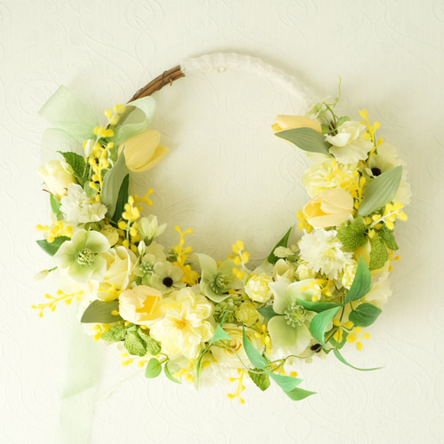 ミモザとチューリップの黄色リースブーケ アーティフィシャルフラワー