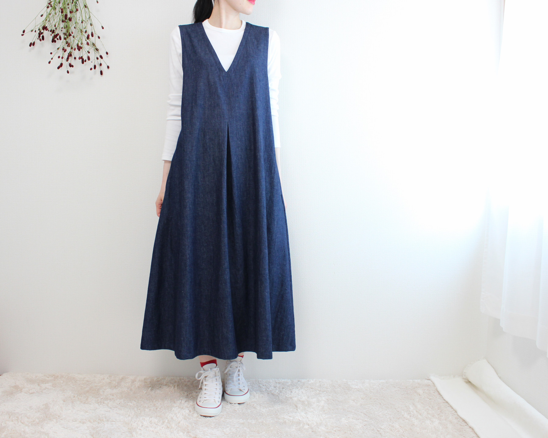 Vネック 通年 ジャンパースカート デニムワンピース ヤッコマリカルド