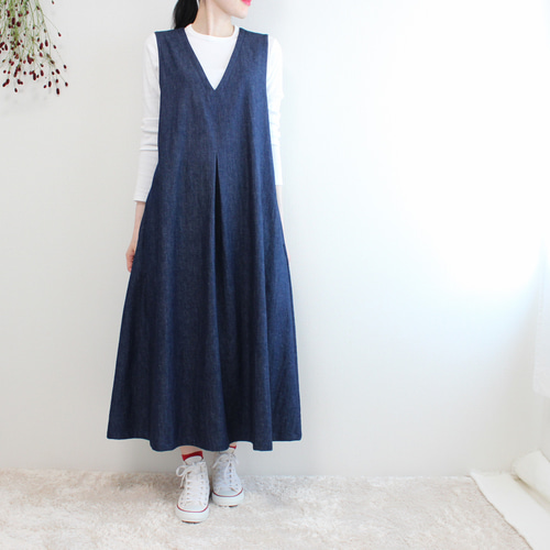 綺麗めカジュアルなデニムジャンパースカート マキシノースリーブ