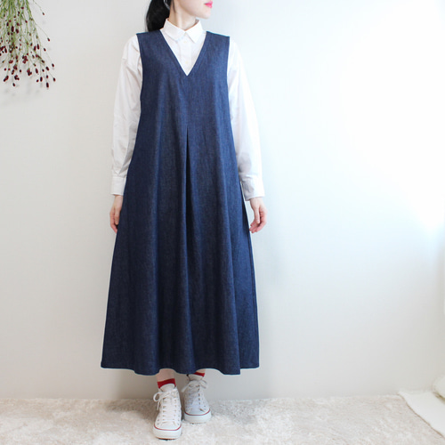 綺麗めカジュアルなデニムジャンパースカート マキシノースリーブ