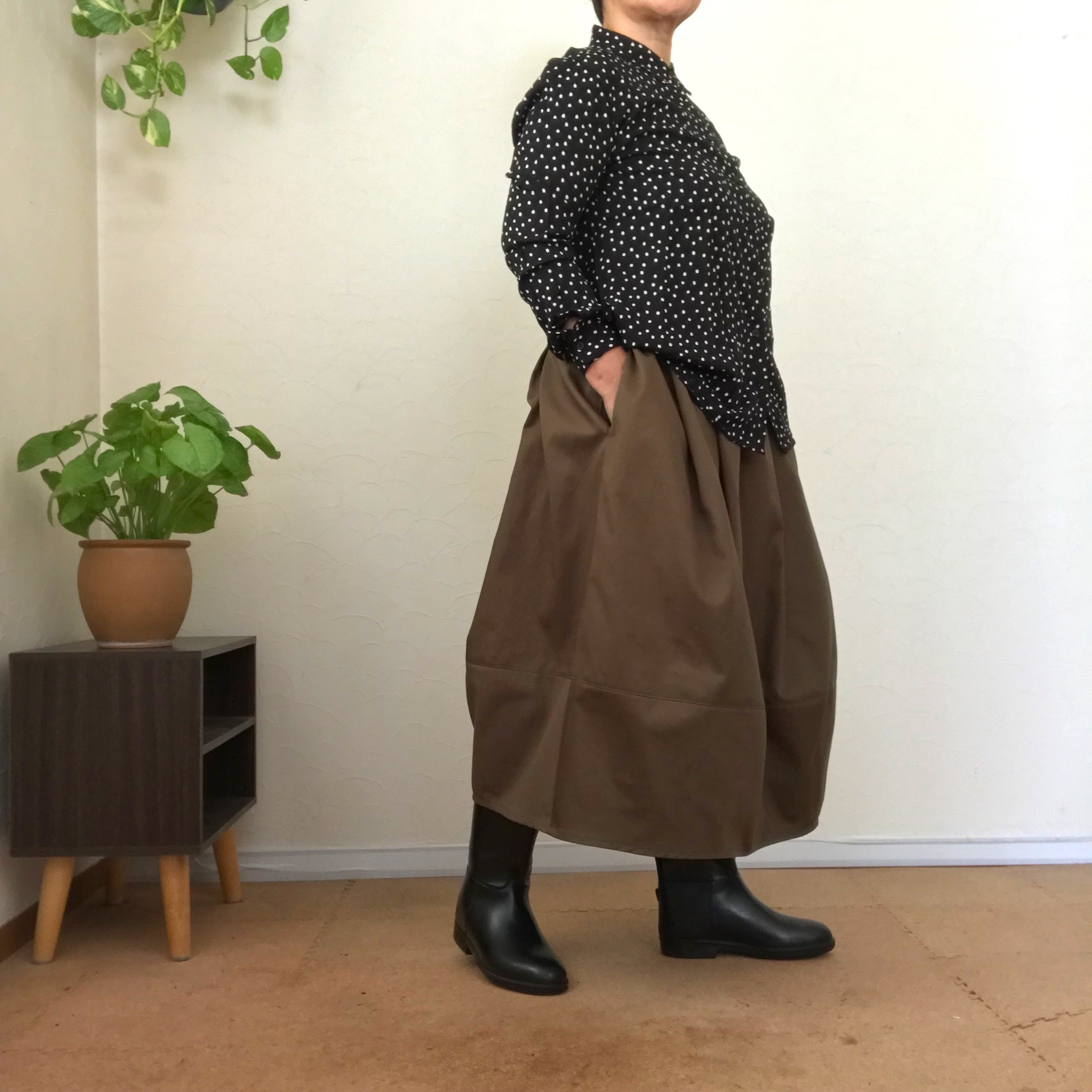 国産コットンツイル バルーン風ギャザースカート◾️カーキ