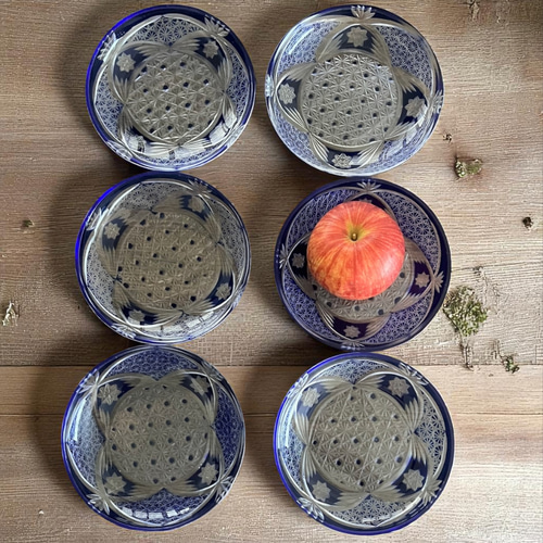セット＞切子 青 取皿 6枚 被せガラス ブルー 中皿 antique art
