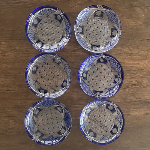 再入荷商品 青 セット＞切子 取皿 art antique 中皿 ブルー 被せガラス 6枚 工芸品