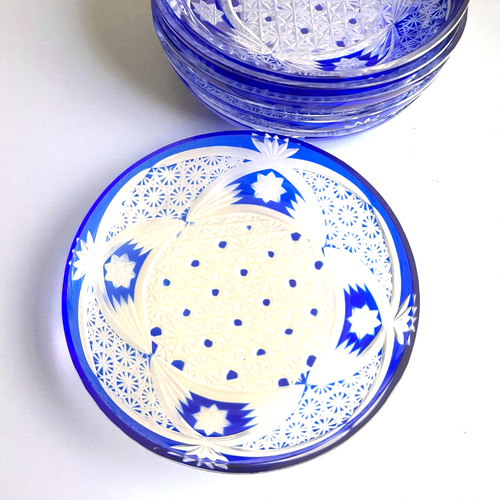 セット＞切子 青 取皿 6枚 被せガラス ブルー 中皿 antique art