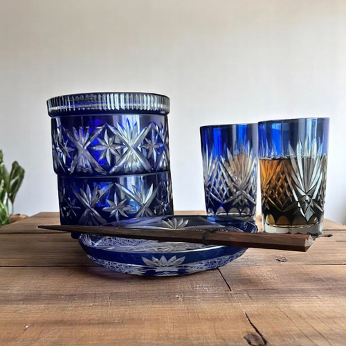 セット＞切子 青 取皿 6枚 被せガラス ブルー 中皿 antique art