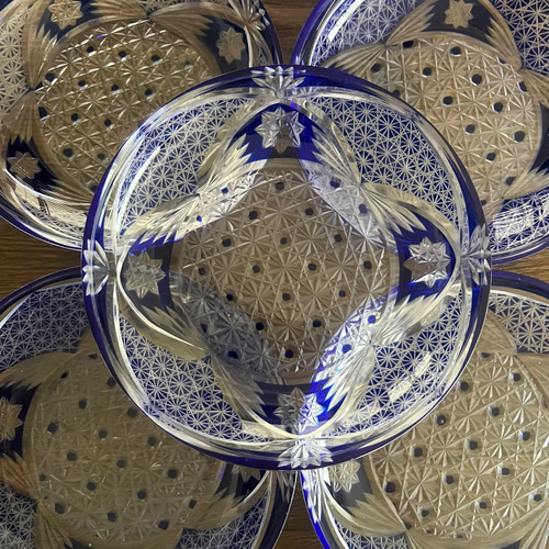 セット＞切子 青 取皿 6枚 被せガラス ブルー 中皿 antique art