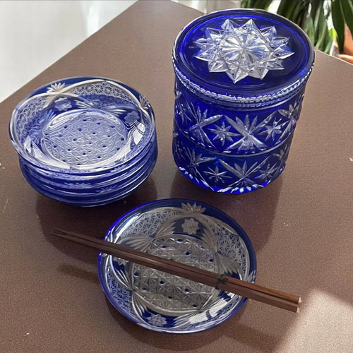 セット＞切子 青 取皿 6枚 被せガラス ブルー 中皿 antique art