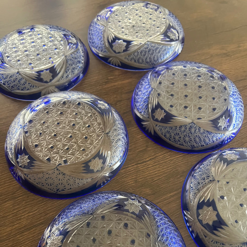 セット＞切子 青 取皿 6枚 被せガラス ブルー 中皿 antique art