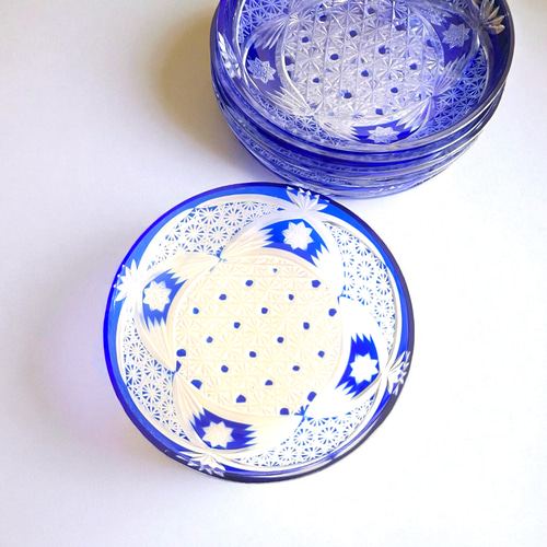 セット＞切子 青 取皿 6枚 被せガラス ブルー 中皿 antique art